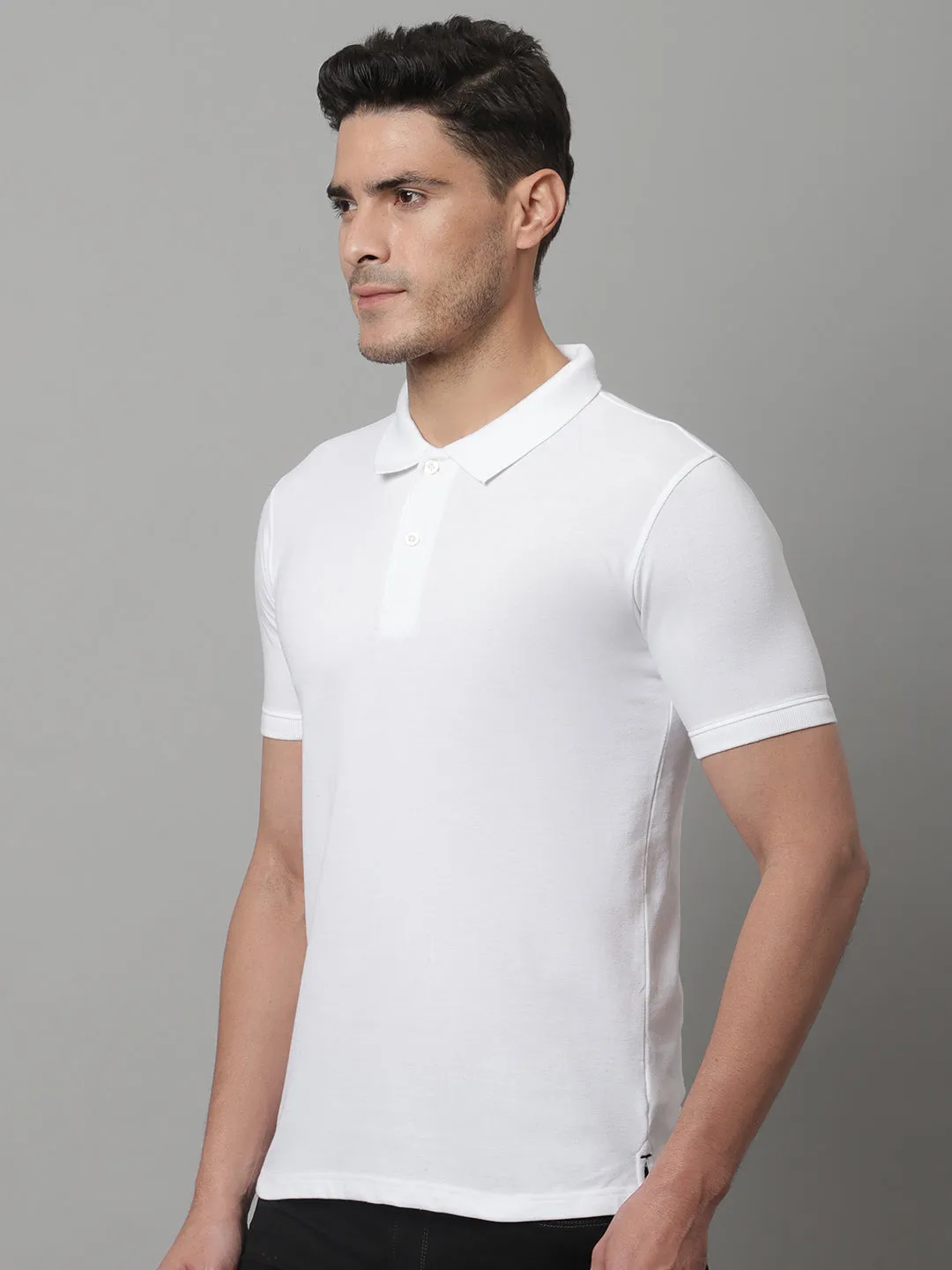 Men White Casual Half Sleeves Polo Neck T-Shirt